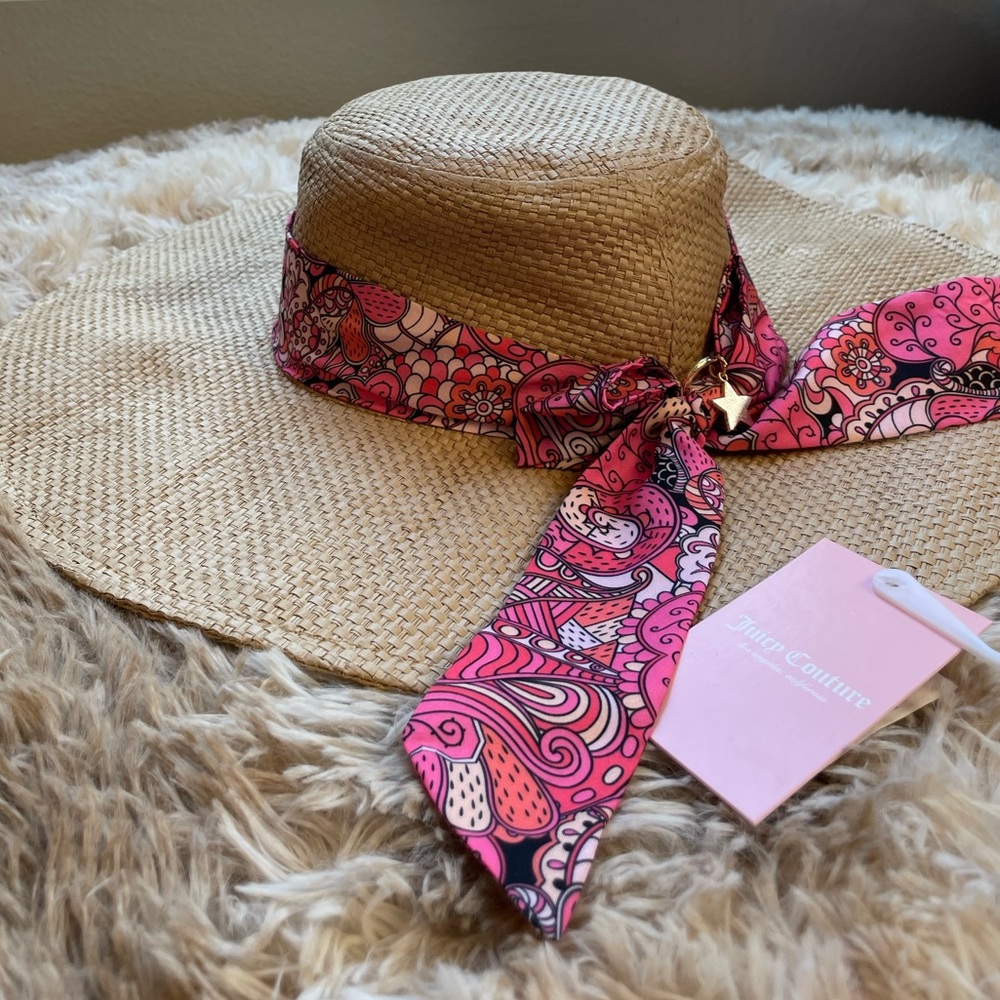NWT Juicy Couture Hat, Floppy Straw Sun Hat Pink Bow & Charm